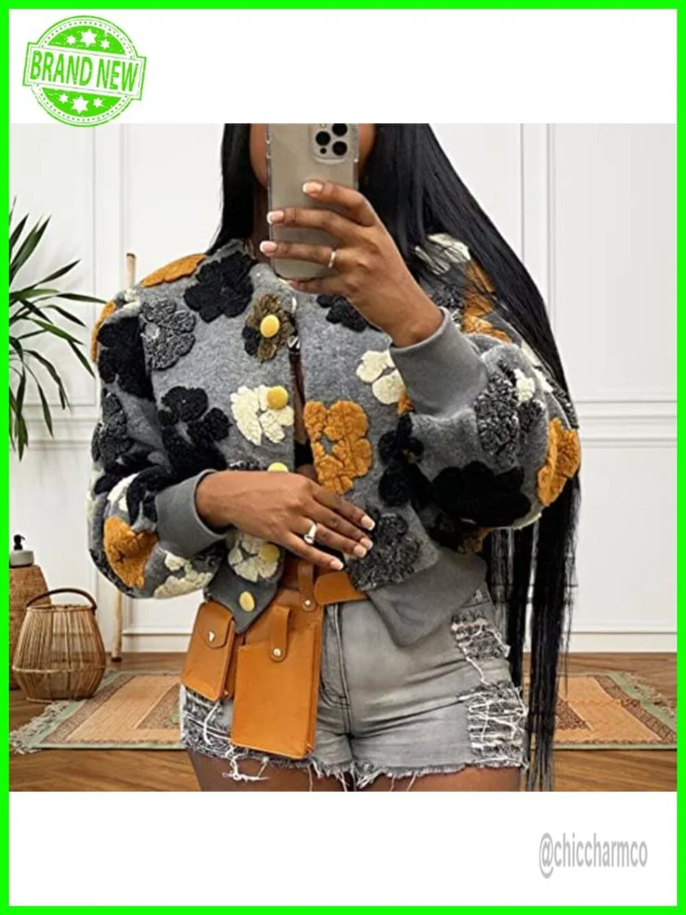Cropped Floral Sherpa Bomber Jacket Puff Sleeve Fall Winter Coat